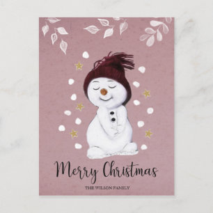 Cute Happy Snowman Pink Christmas Holiday