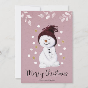 Cute Happy Snowman Pink Christmas Holiday Card