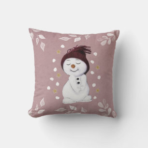 Cute Happy Snowman Pink Christmas Holiday Cushion