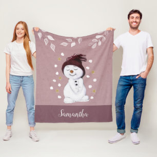 Cute Happy Snowman Pink Christmas Holiday Fleece Blanket