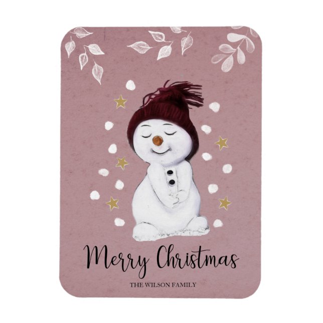 Cute Happy Snowman Pink Christmas Holiday Magnet (Vertical)
