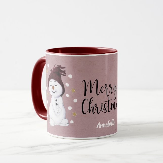 Cute Happy Snowman Pink Christmas Holiday Mug (Front Left)