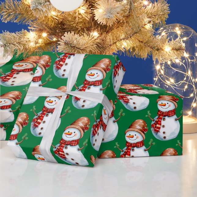 Cute Happy Snowman Watercolor Pattern Wrapping Paper (Holidays)