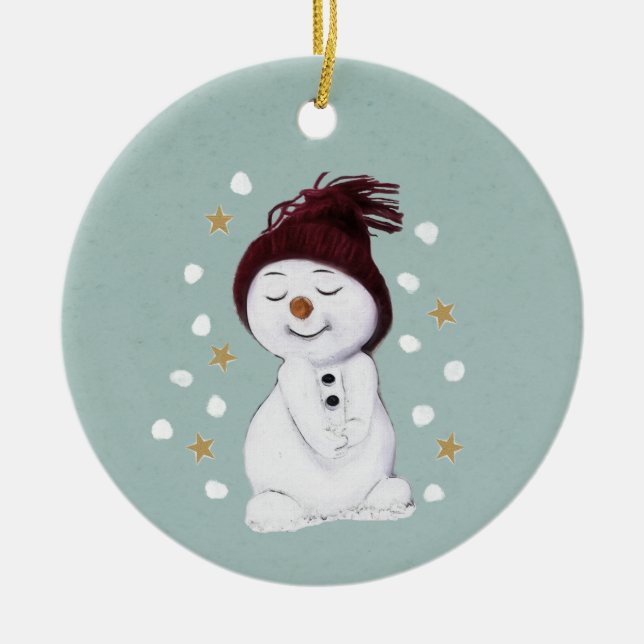 Cute Happy Snowman Winter Blue Christmas Ceramic Tree Decoration (Front)