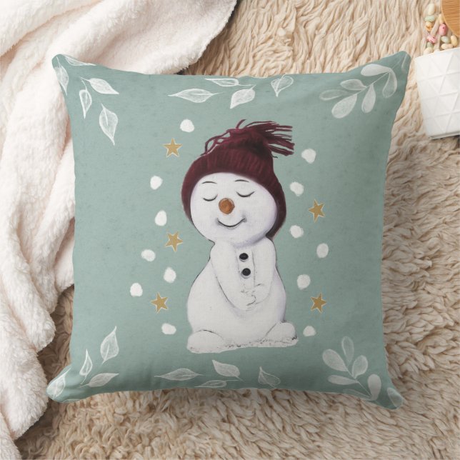 Cute Happy Snowman Winter Blue Christmas Cushion (Blanket)
