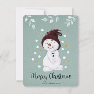 Cute Happy Snowman Winter Blue Christmas Holiday Card