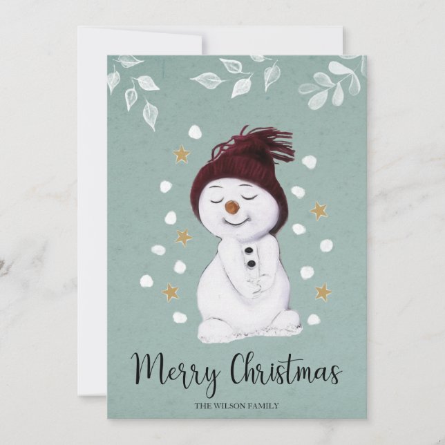 Cute Happy Snowman Winter Blue Christmas Holiday Card (Front)