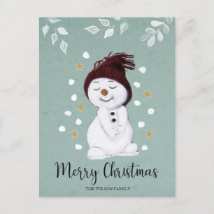Cute Happy Snowman Winter Blue Christmas Holiday Postcard