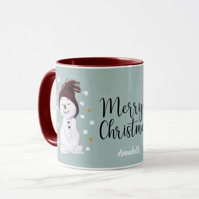 Cute Happy Snowman Winter Blue Christmas Mug (Front Left)