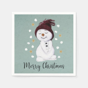 Cute Happy Snowman Winter Blue Christmas Napkin