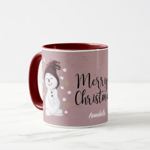 Cute Happy Snowmen Pink Christmas Holiday Mug