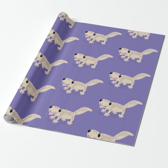Cute happy spotted tan gecko cartoon illustration wrapping paper (Unrolled)