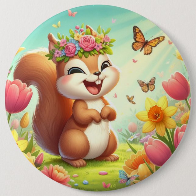 Cute, happy springtime squirrel  6 cm round badge (Front)