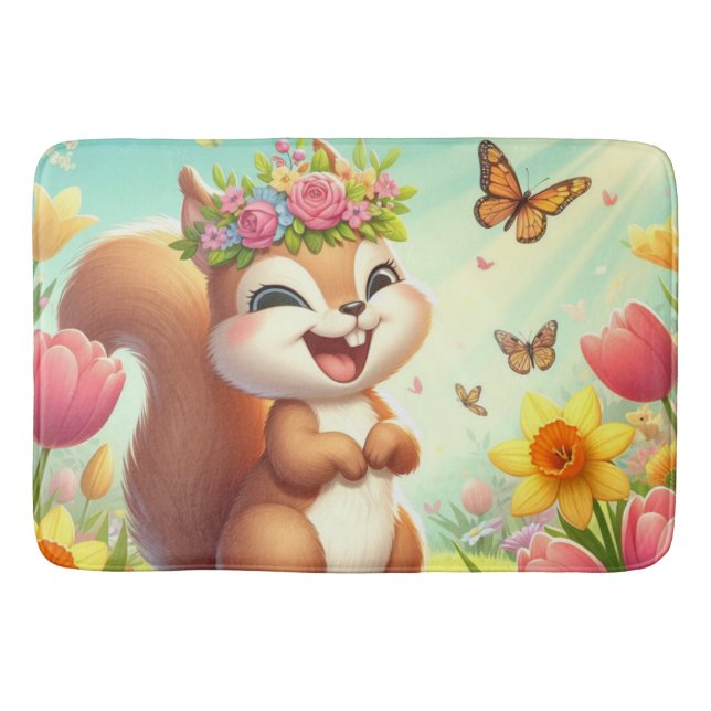 Cute, happy springtime squirrel  bath mat (Front)