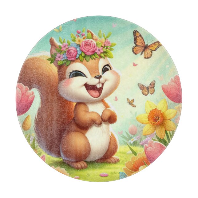 Cute, happy springtime squirrel  cutting board (Front)
