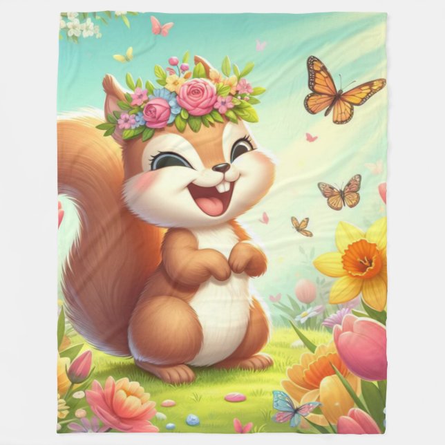 Cute, happy springtime squirrel  fleece blanket (Front)