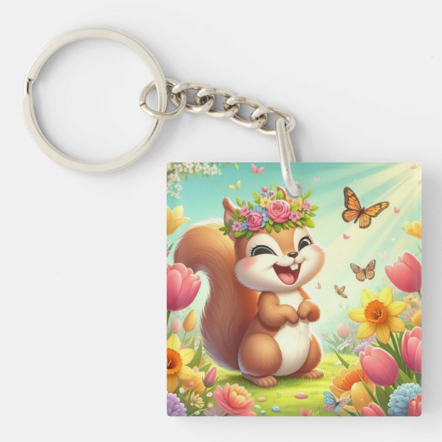 Cute, happy springtime squirrel  key ring (Front)