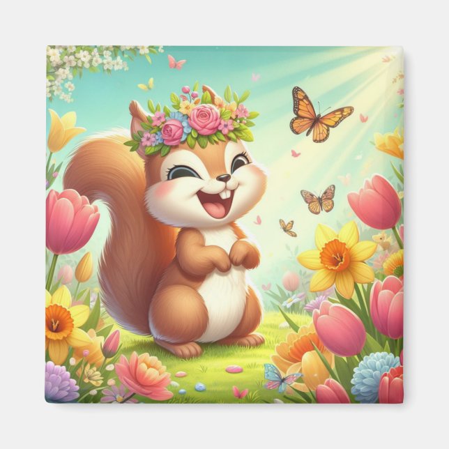 Cute, happy springtime squirrel  magnet (Front)