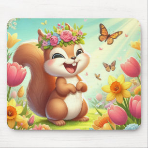 Cute, happy springtime squirrel mouse mat