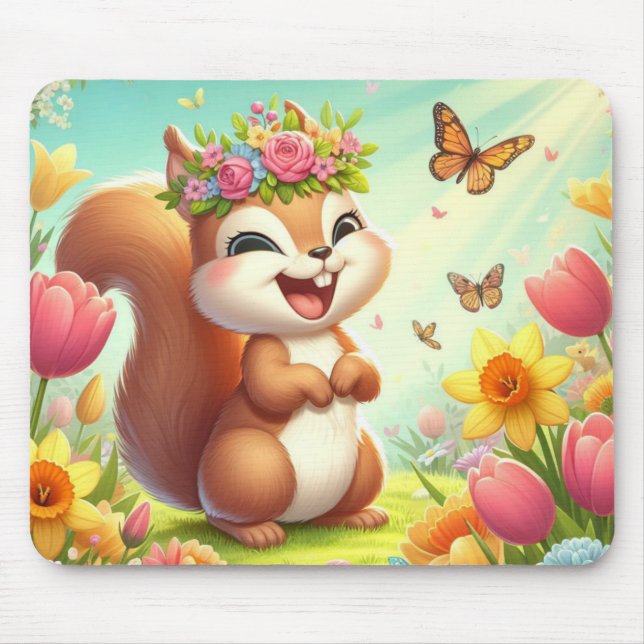 Cute, happy springtime squirrel  mouse mat (Front)