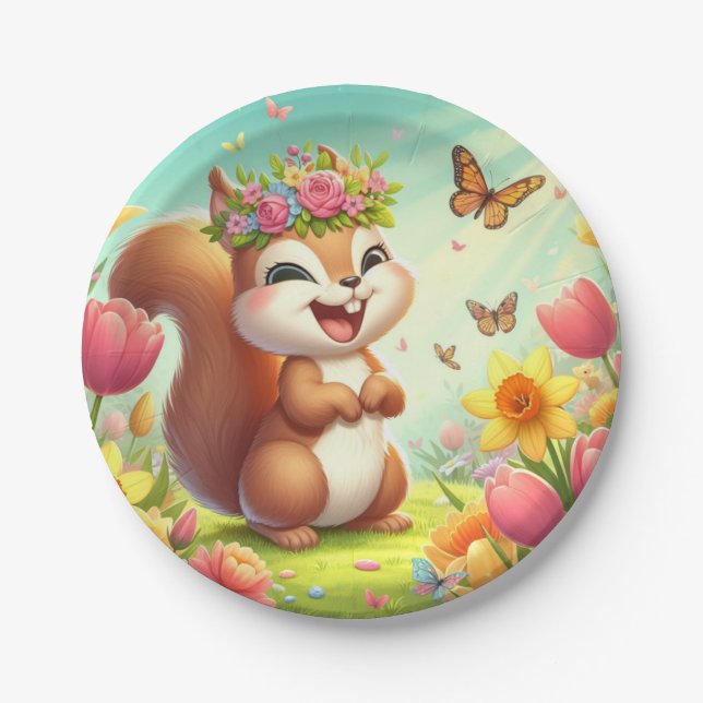 Cute, happy springtime squirrel  paper plate (Front)