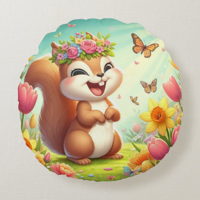 Cute, happy springtime squirrel  round cushion (Front)