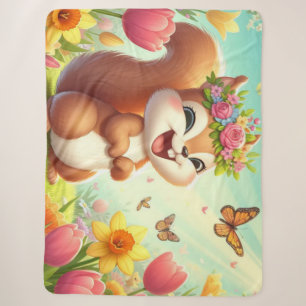 Cute, happy springtime squirrel sherpa blanket