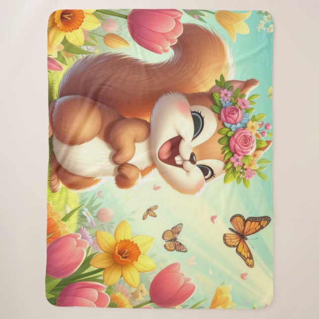 Cute, happy springtime squirrel  sherpa blanket (Front)