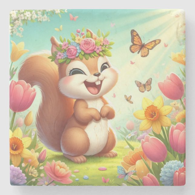 Cute, happy springtime squirrel  stone coaster (Front)