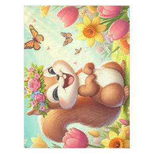 Cute, happy springtime squirrel tablecloth