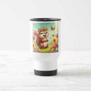 Cute, happy springtime squirrel travel mug