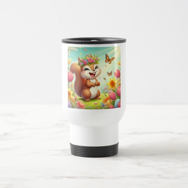 Cute, happy springtime squirrel  travel mug (Center)