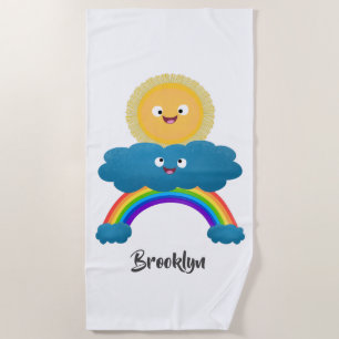 Cute happy sun cloud rainbow cartoon beach towel