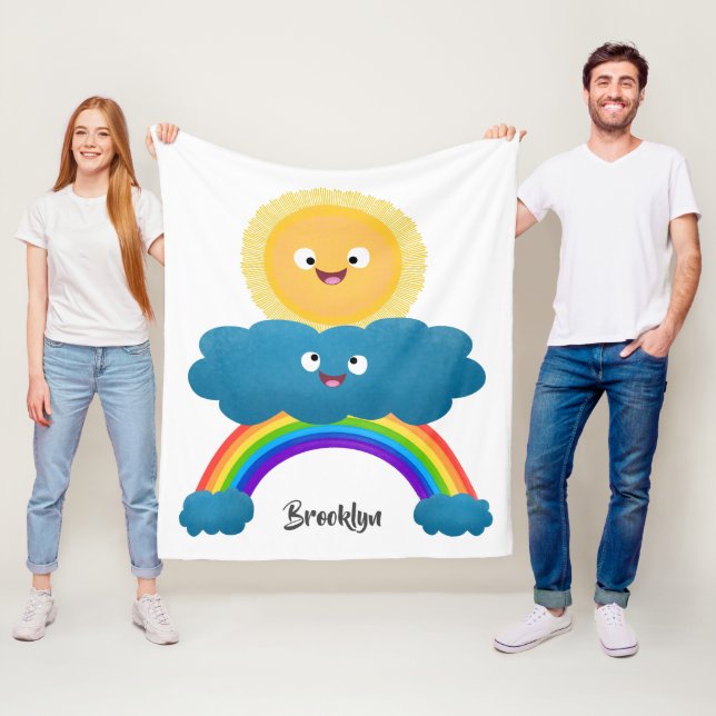 Cute happy sun cloud rainbow cartoon fleece blanket (In Situ)