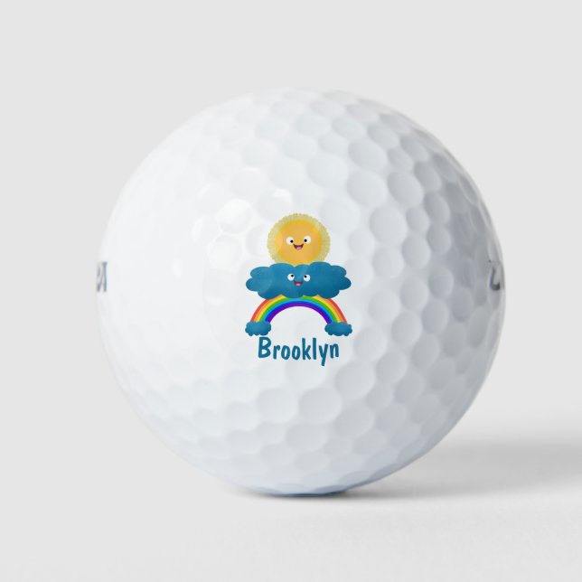 Cute happy sun cloud rainbow cartoon golf balls (Front)