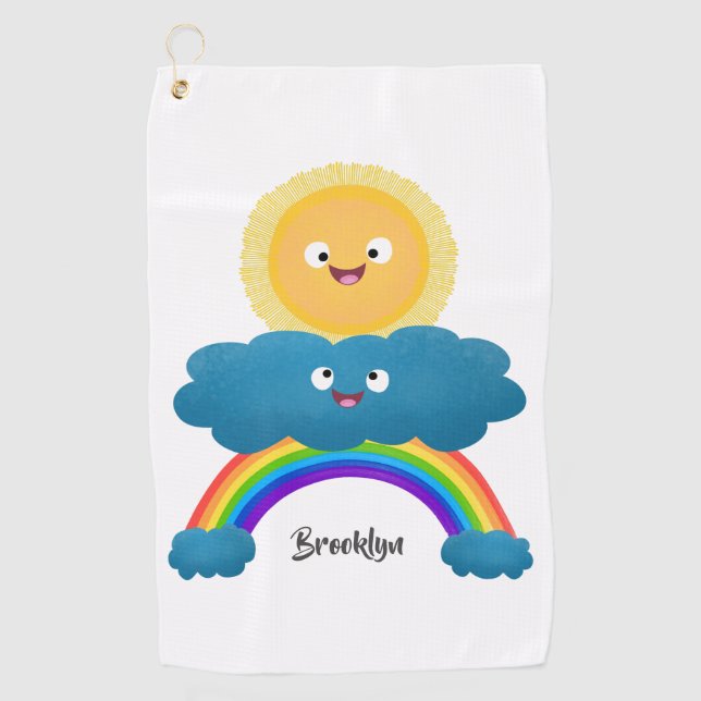 Cute happy sun cloud rainbow cartoon golf towel (Front)