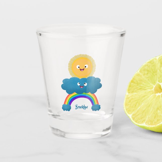 Cute happy sun cloud rainbow cartoon shot glass (Front)