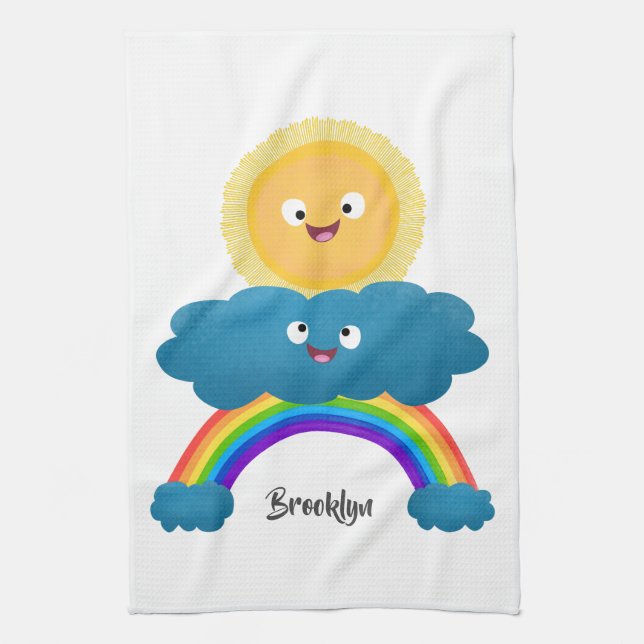 Cute happy sun cloud rainbow cartoon tea towel (Vertical)