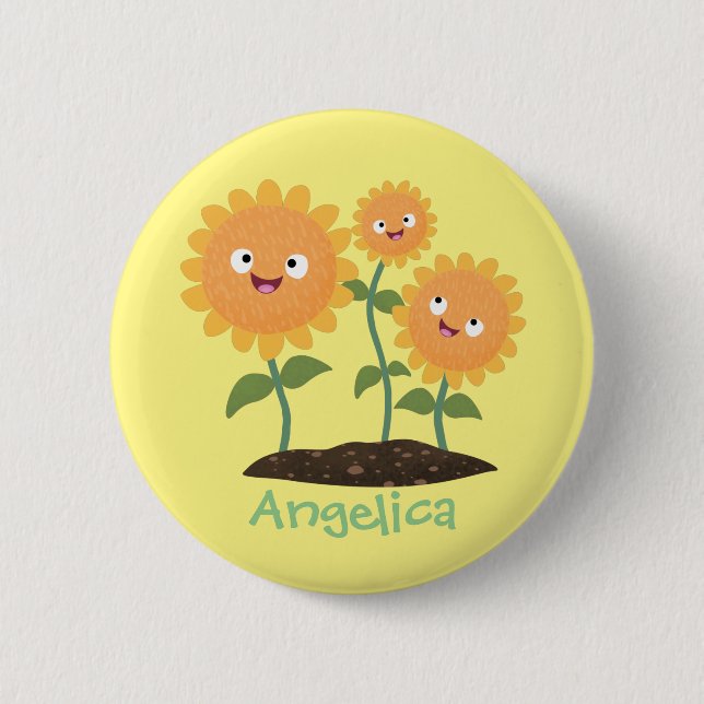 Cute happy sunflowers smiling cartoon illustration 6 cm round badge (Front)