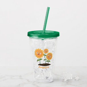 Cute happy sunflowers smiling cartoon illustration acrylic tumbler