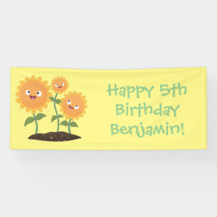 Cute happy sunflowers smiling cartoon illustration banner