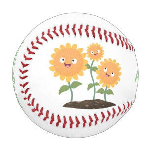 Cute happy sunflowers smiling cartoon illustration baseball