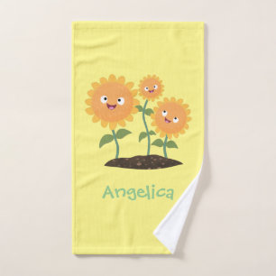 Cute happy sunflowers smiling cartoon illustration bath towel set