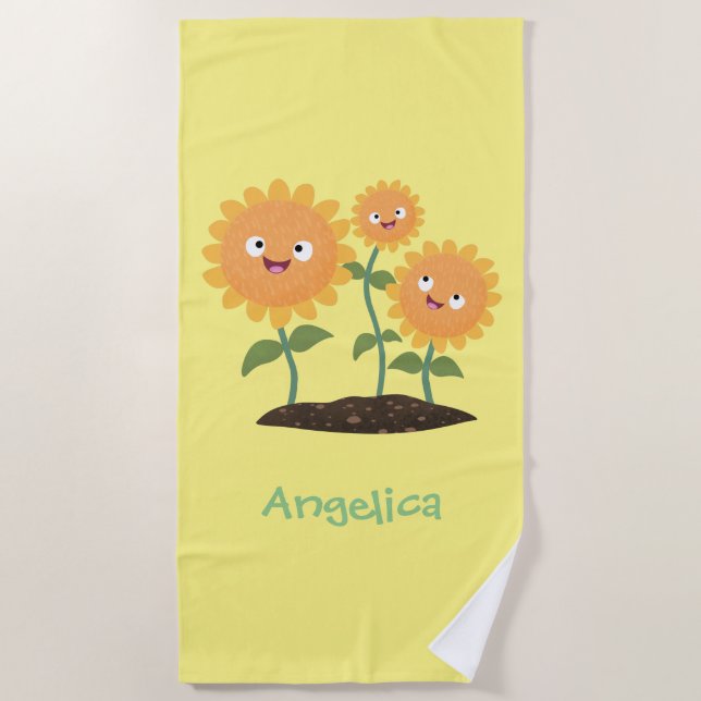 Cute happy sunflowers smiling cartoon illustration beach towel (Front)