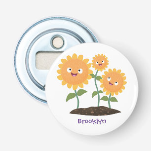 Cute happy sunflowers smiling cartoon illustration bottle opener