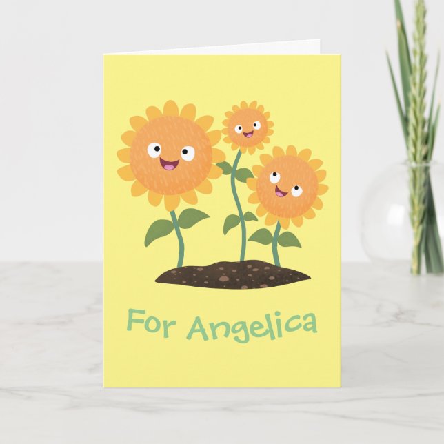 Cute happy sunflowers smiling cartoon illustration card (Front)