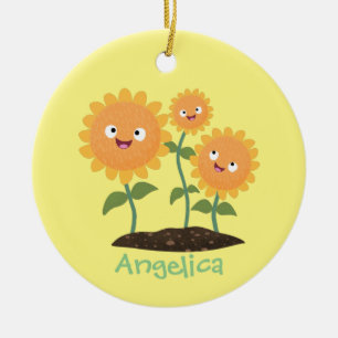 Cute happy sunflowers smiling cartoon illustration ceramic tree decoration