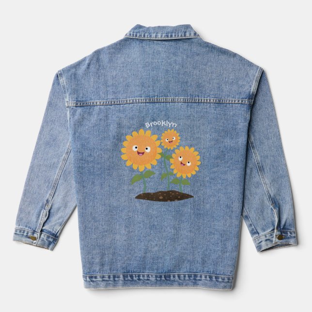 Cute happy sunflowers smiling cartoon illustration denim jacket (Back)