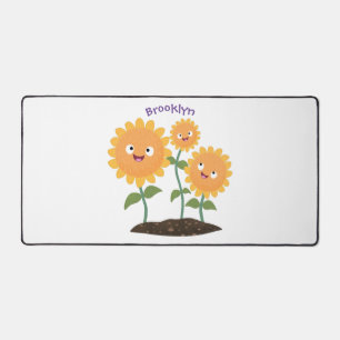 Cute happy sunflowers smiling cartoon illustration desk mat