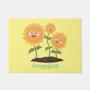Cute happy sunflowers smiling cartoon illustration doormat